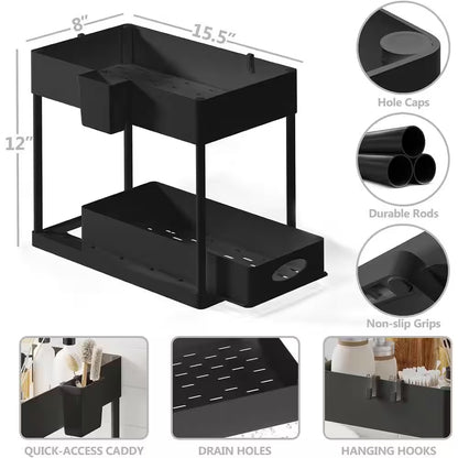 2-Tier Black Under-Sink Organizer with Sliding Basket Drawers