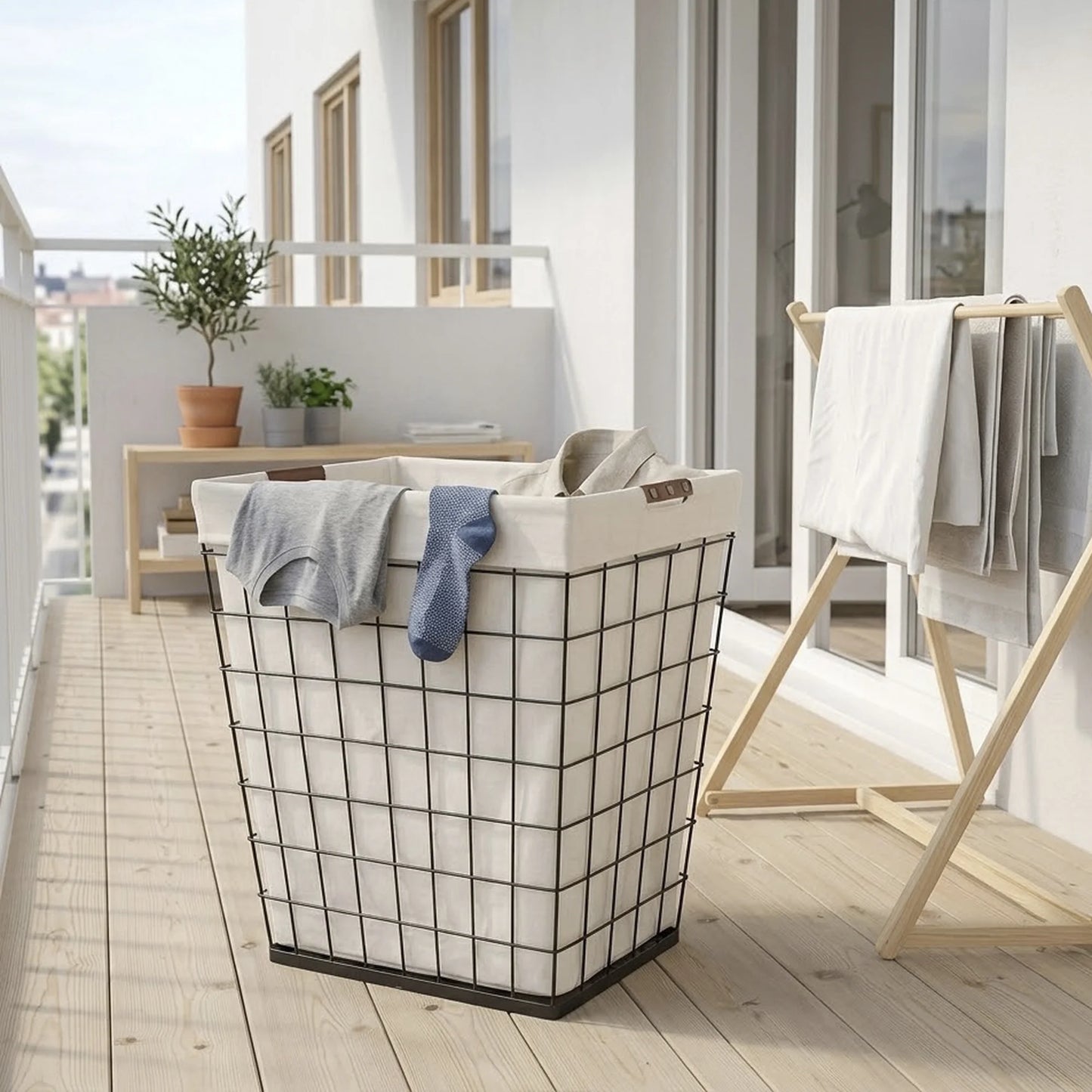 75L Rectangular Steel Wire Laundry Hamper with Removable Liner in Natural Finish for Adults