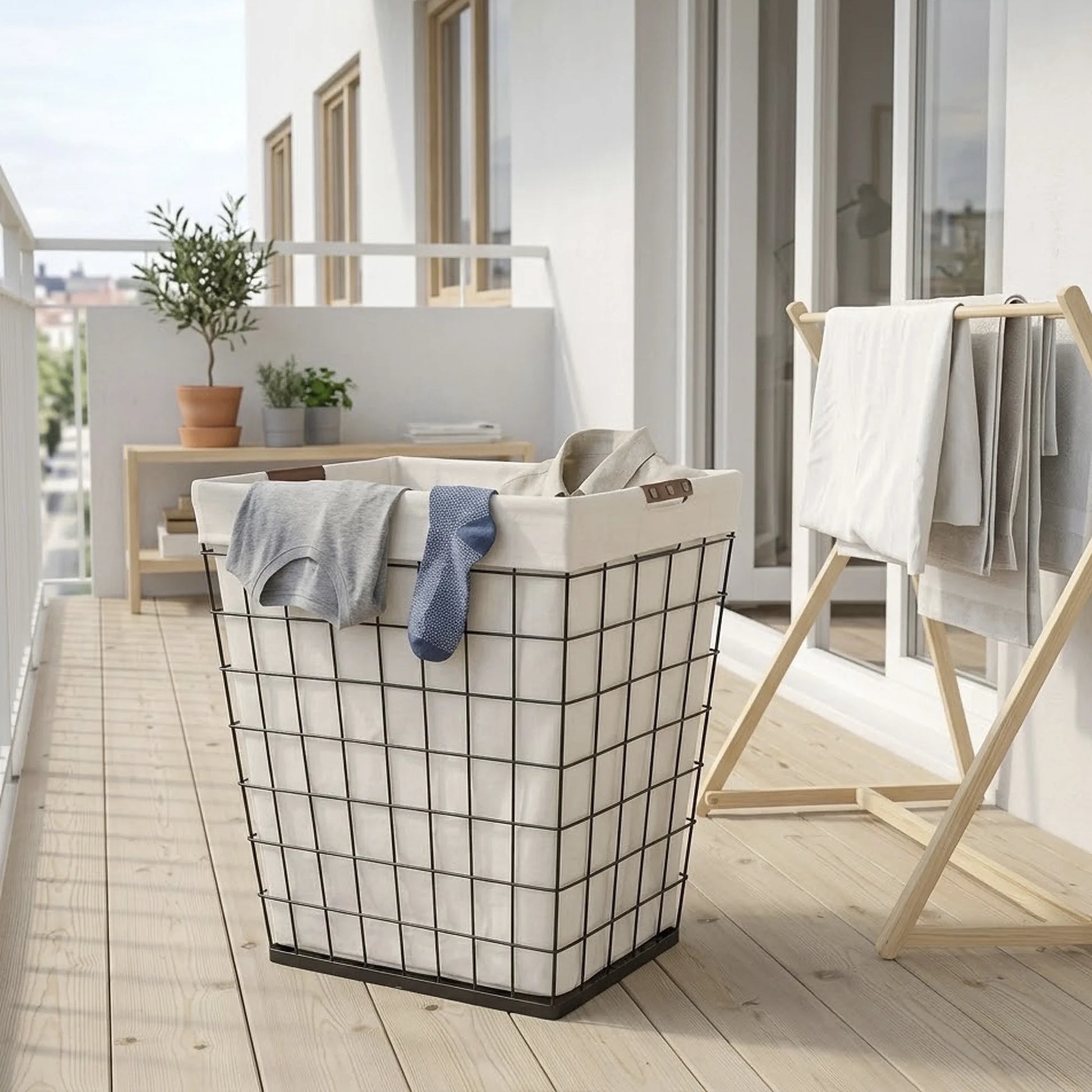 75L Rectangular Steel Wire Laundry Hamper with Removable Liner in Natural Finish for Adults