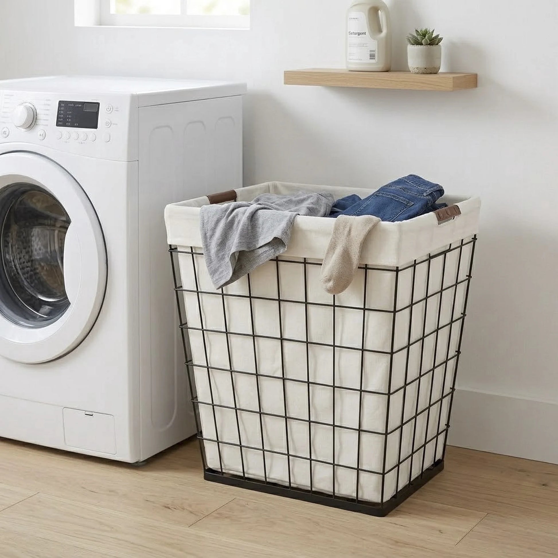75L Rectangular Steel Wire Laundry Hamper with Removable Liner in Natural Finish for Adults