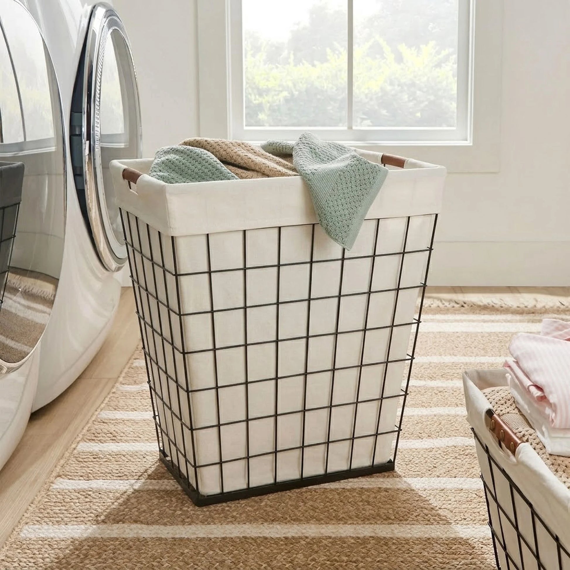 75L Rectangular Steel Wire Laundry Hamper with Removable Liner in Natural Finish for Adults