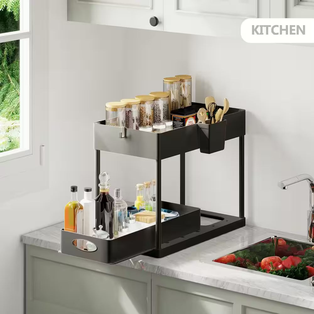 2-Tier Black Under-Sink Organizer with Sliding Basket Drawers