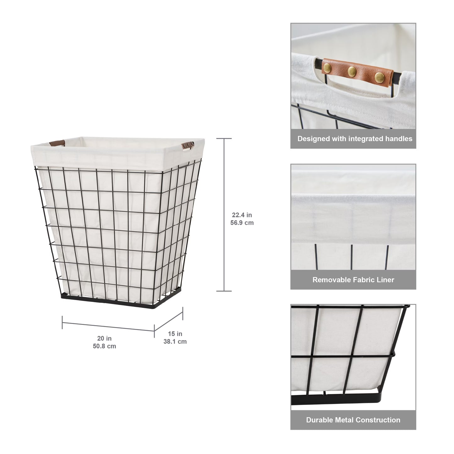 75L Rectangular Steel Wire Laundry Hamper with Removable Liner in Natural Finish for Adults