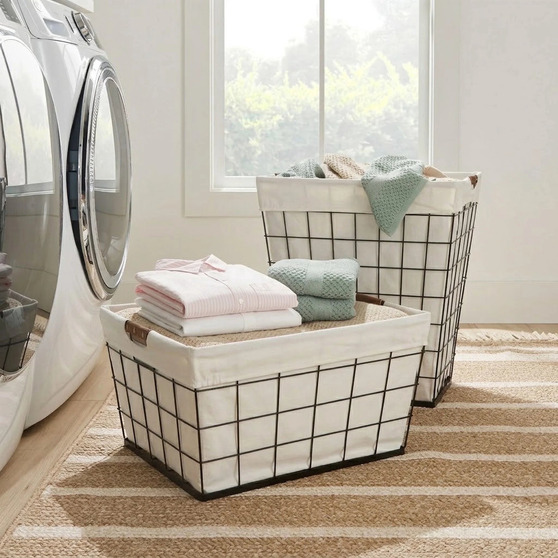 75L Rectangular Steel Wire Laundry Hamper with Removable Liner in Natural Finish for Adults